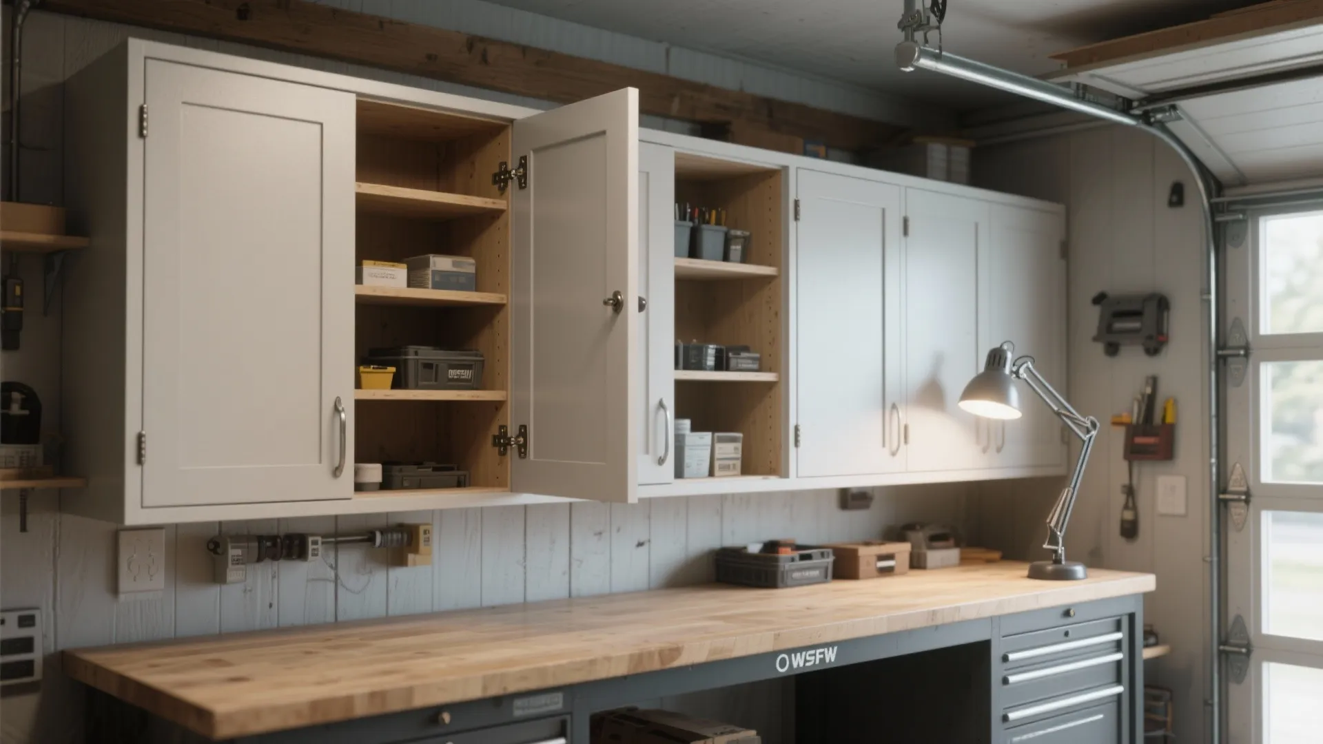2. Wall-mounted cabinets above the workbench