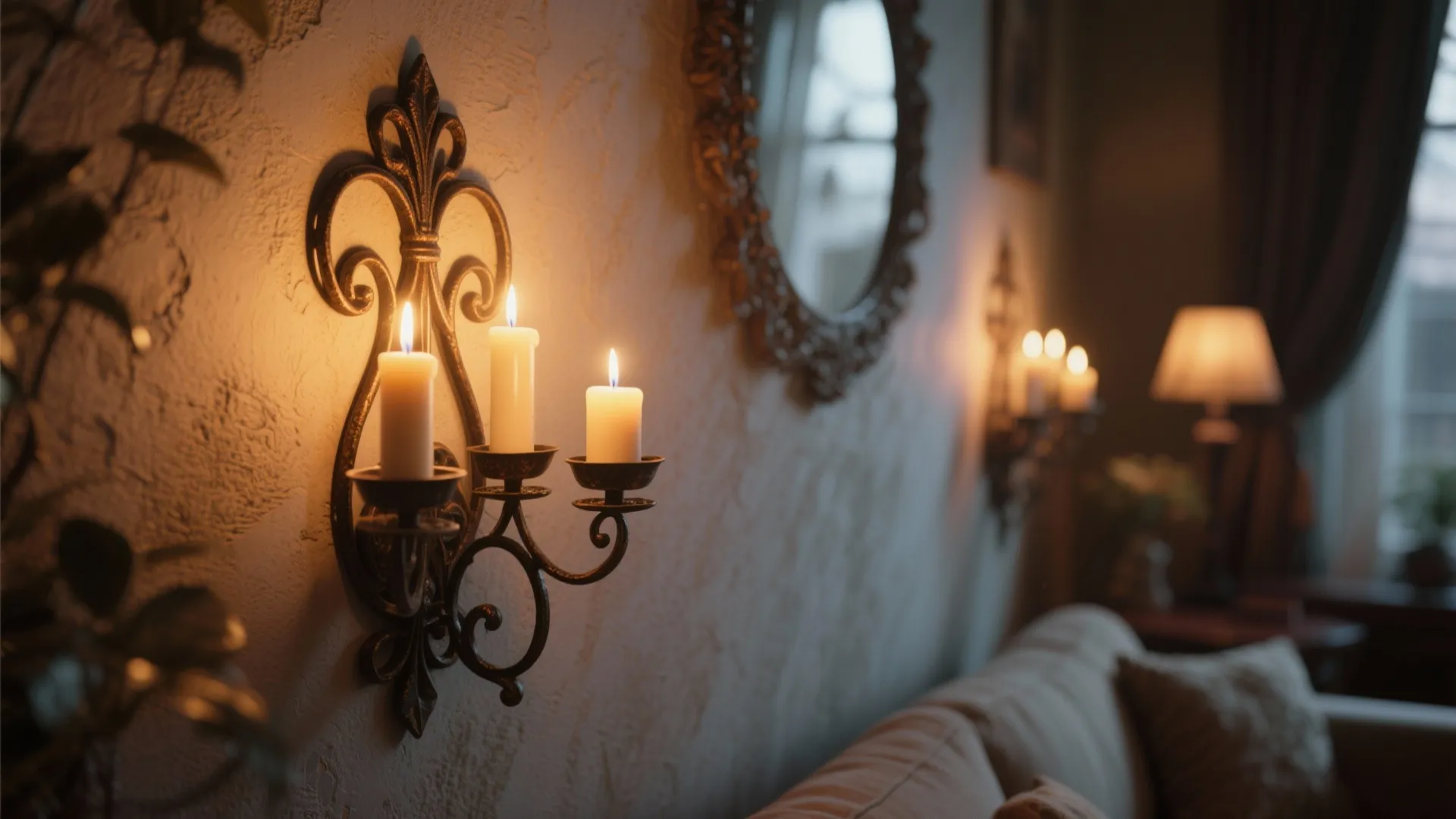 Classic wall light fixture with three burning candles inside a cozy living room with sofa