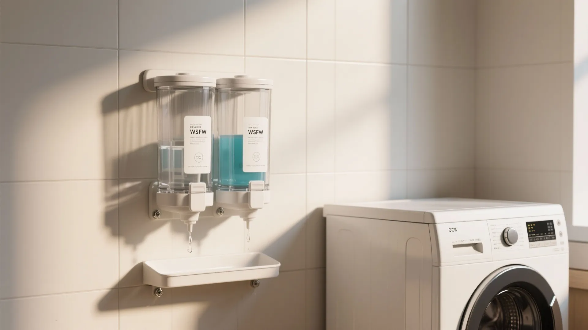 Wall mounted liquid dispensers with blue and clear soap next to a white washing machine