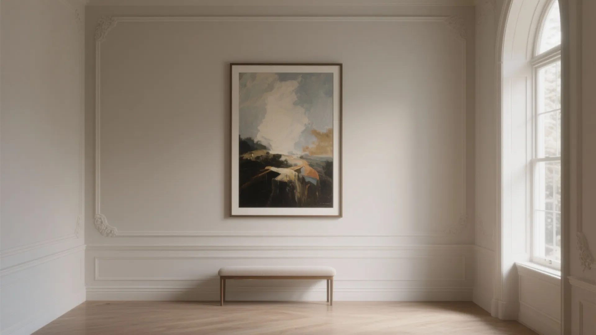 Elegant white wall with wall panel framing a large painting above a simple white bench