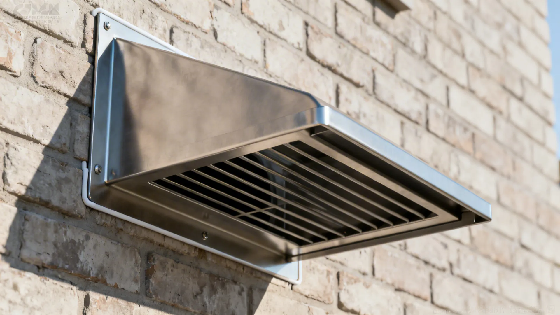 Macro view of a stainless exterior wall cap with back-draft damper on a brick wall.