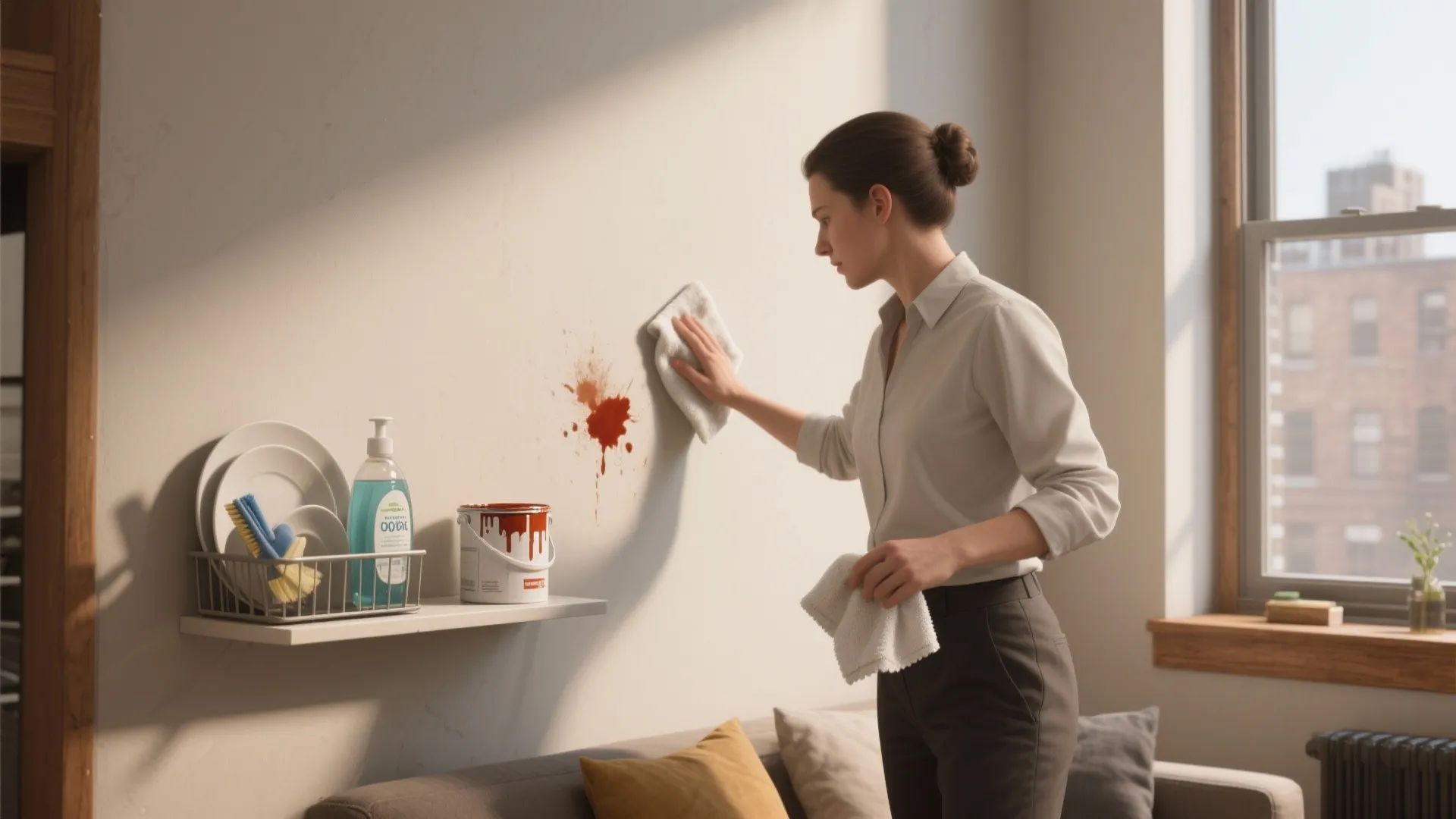 Woman in white shirt cleaning red sauce stain off white wall with a white cloth