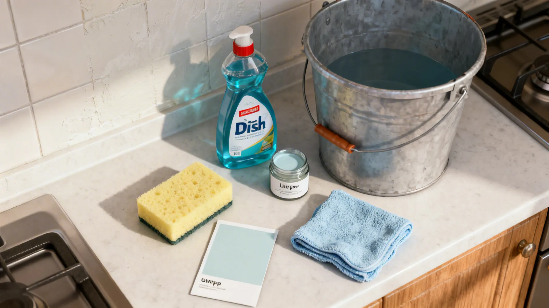 Top-down view of gentle cleaning tools and touch-up paint for kitchen walls.