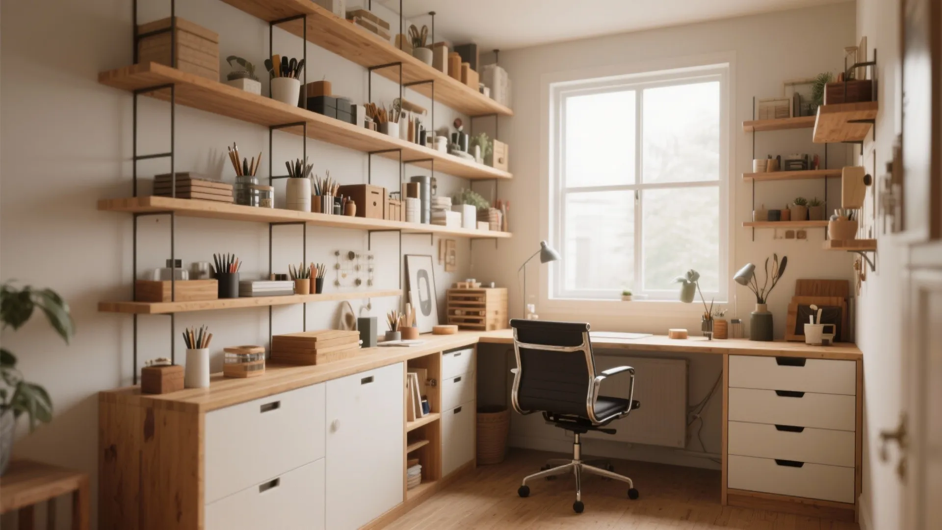 Home office with long wooden wall shelves black office chair white cabinets and natural window light
