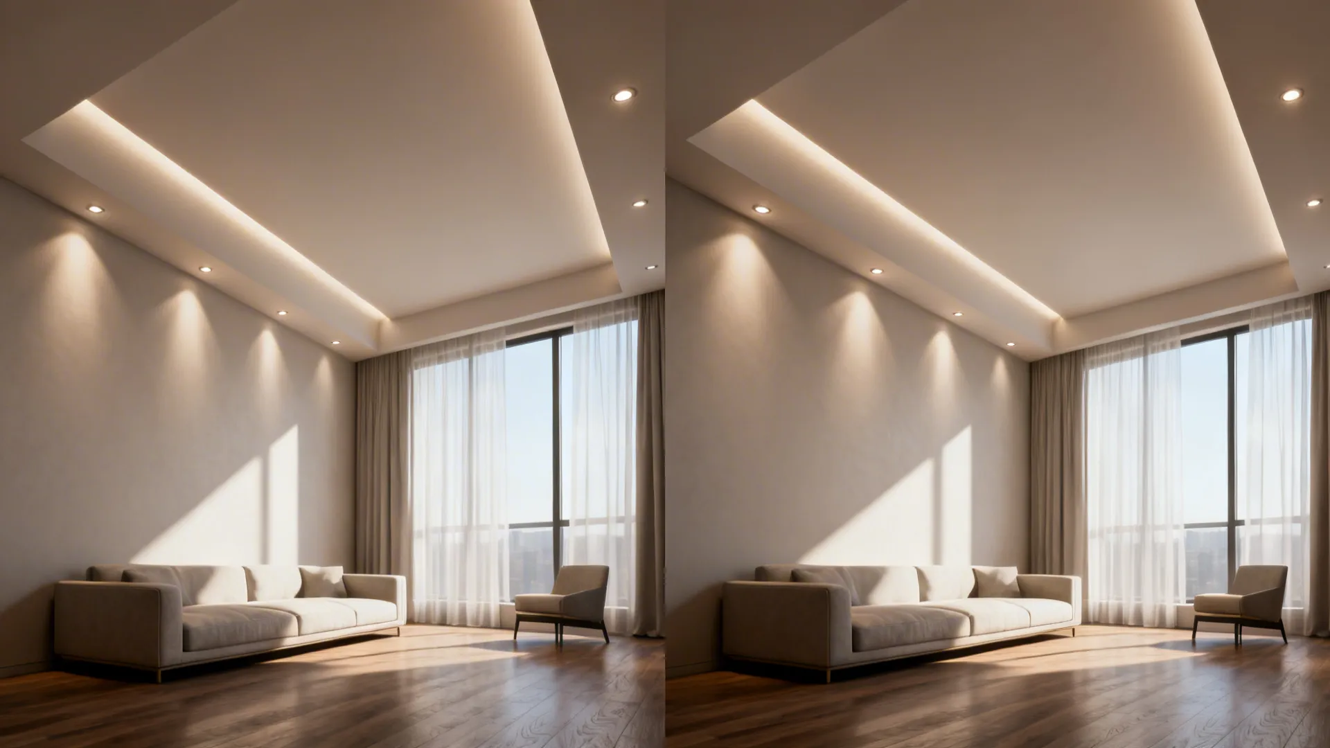 Living room before and after wall-wash and ceiling-directed lighting to create perceived height