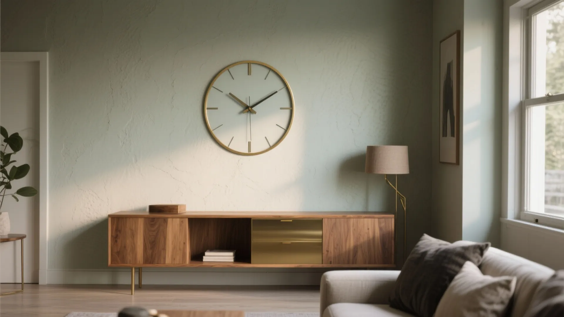 Modern living room featuring a gold wall clock above a wooden cabinet and beige sofa