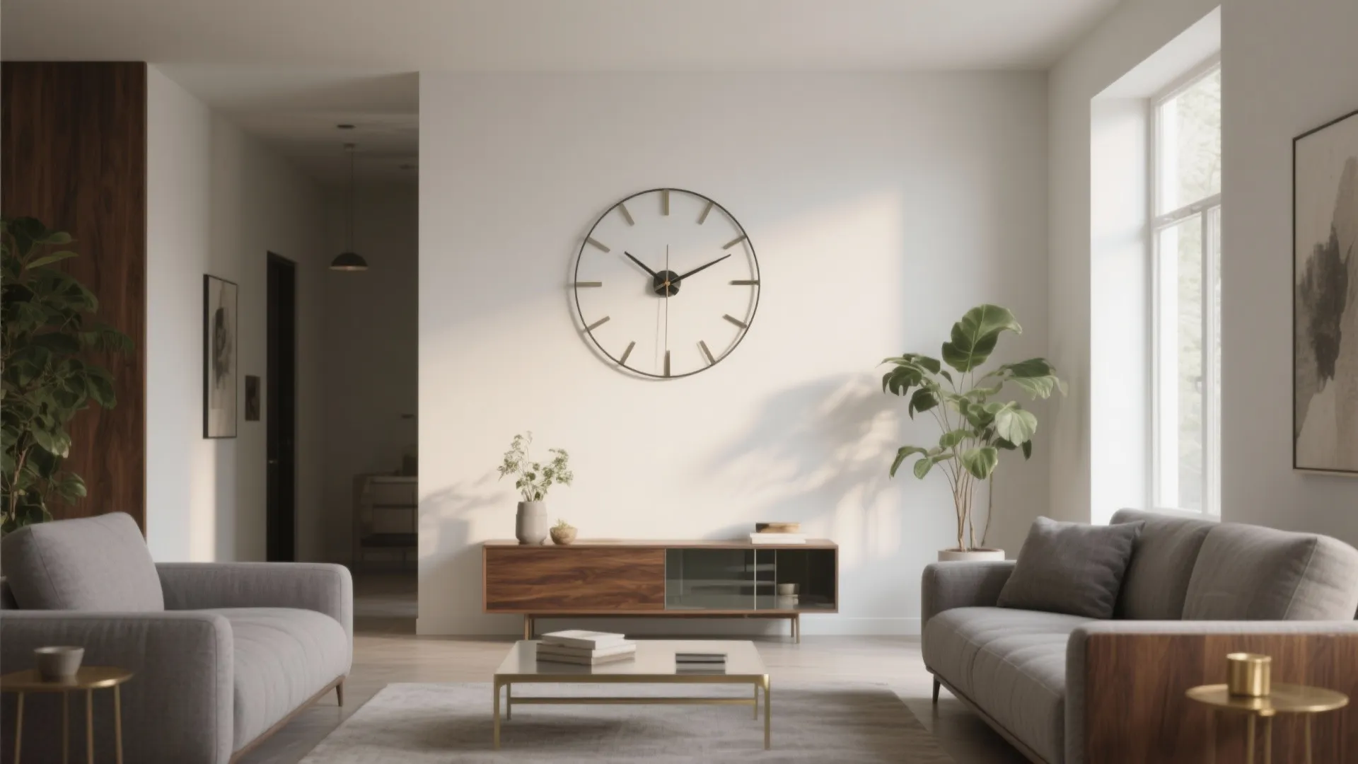 Modern living room with large wall clock above wooden cabinet grey sofas and green plants