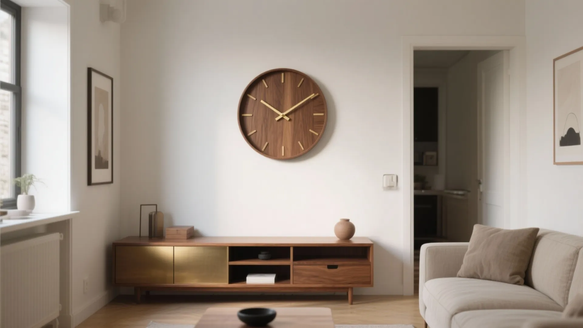 Round wooden wall clock above a cabinet in a living room with sofa and window