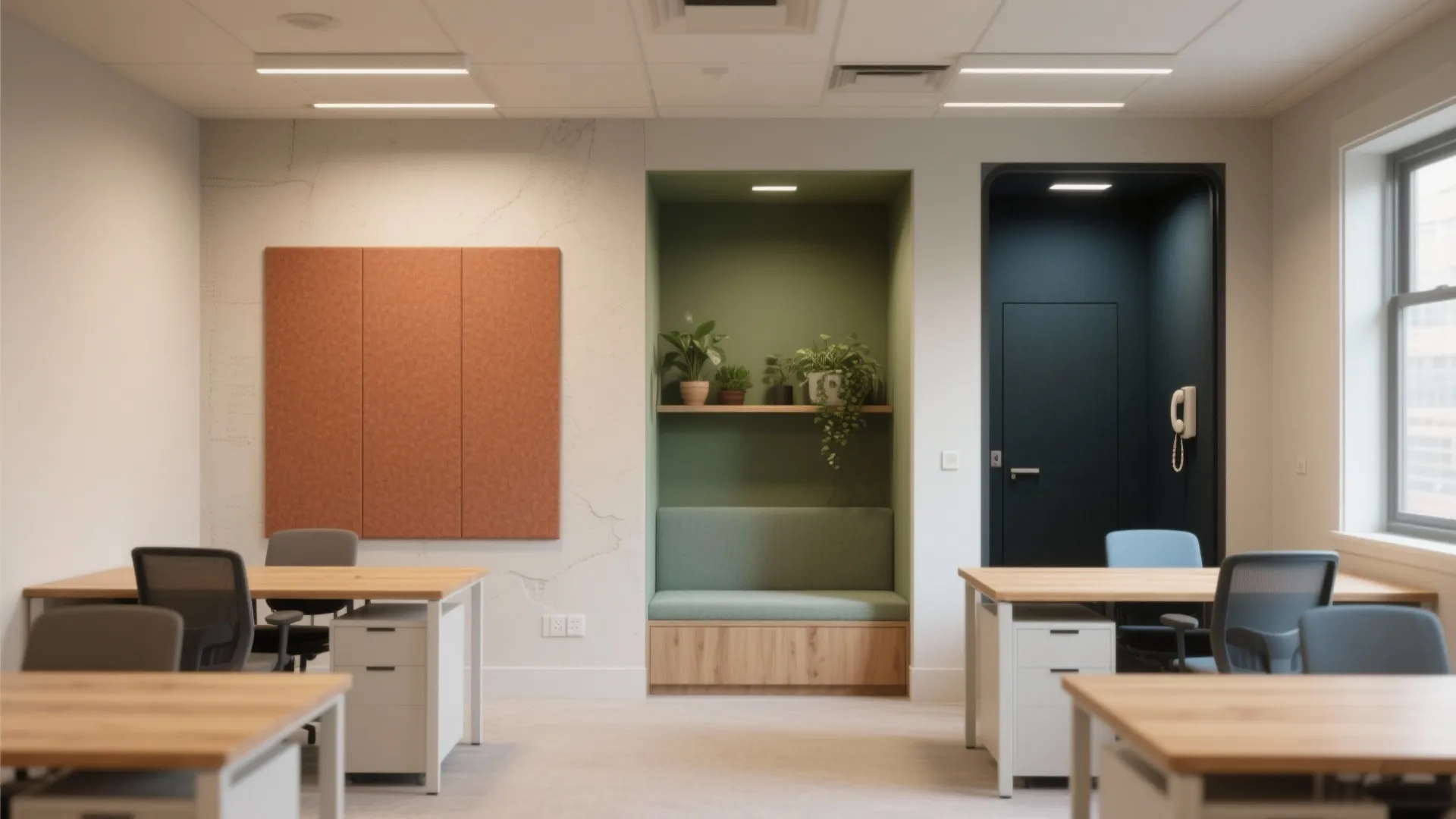 Modern office interior with wooden desks grey chairs green wall nook and orange wall panel