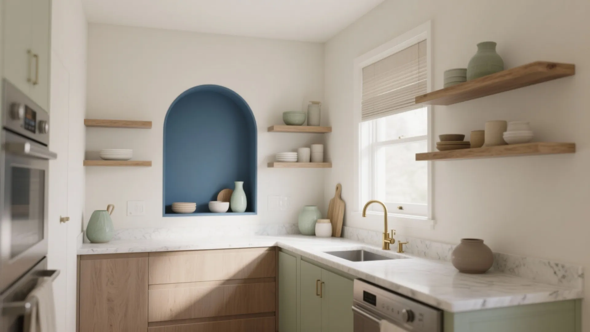 Kitchen with blue arched wall niche wooden shelves marble countertops green cabinets and gold tap