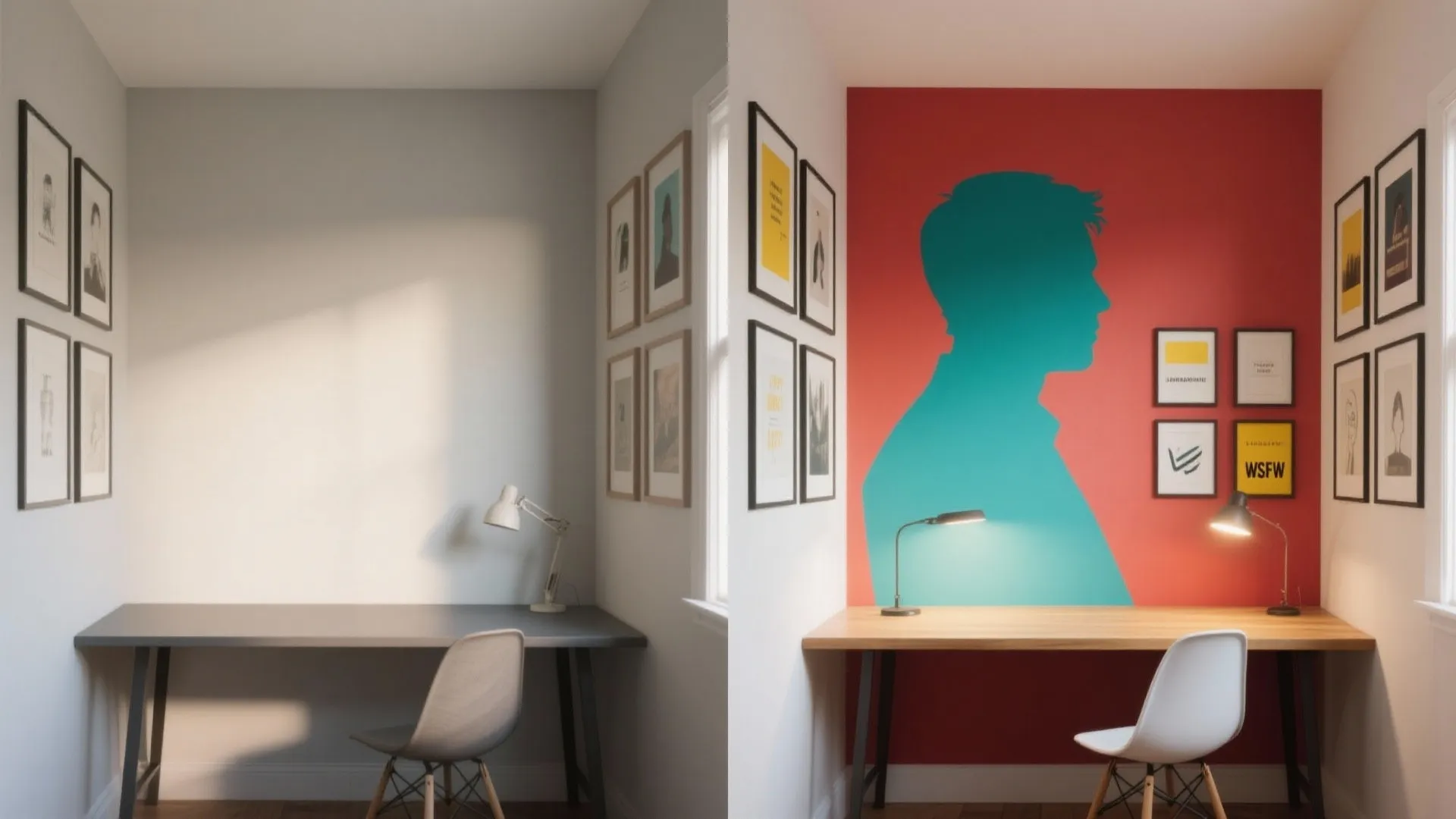 Before and after comparison of plain grey wall versus red accent wall with blue silhouette