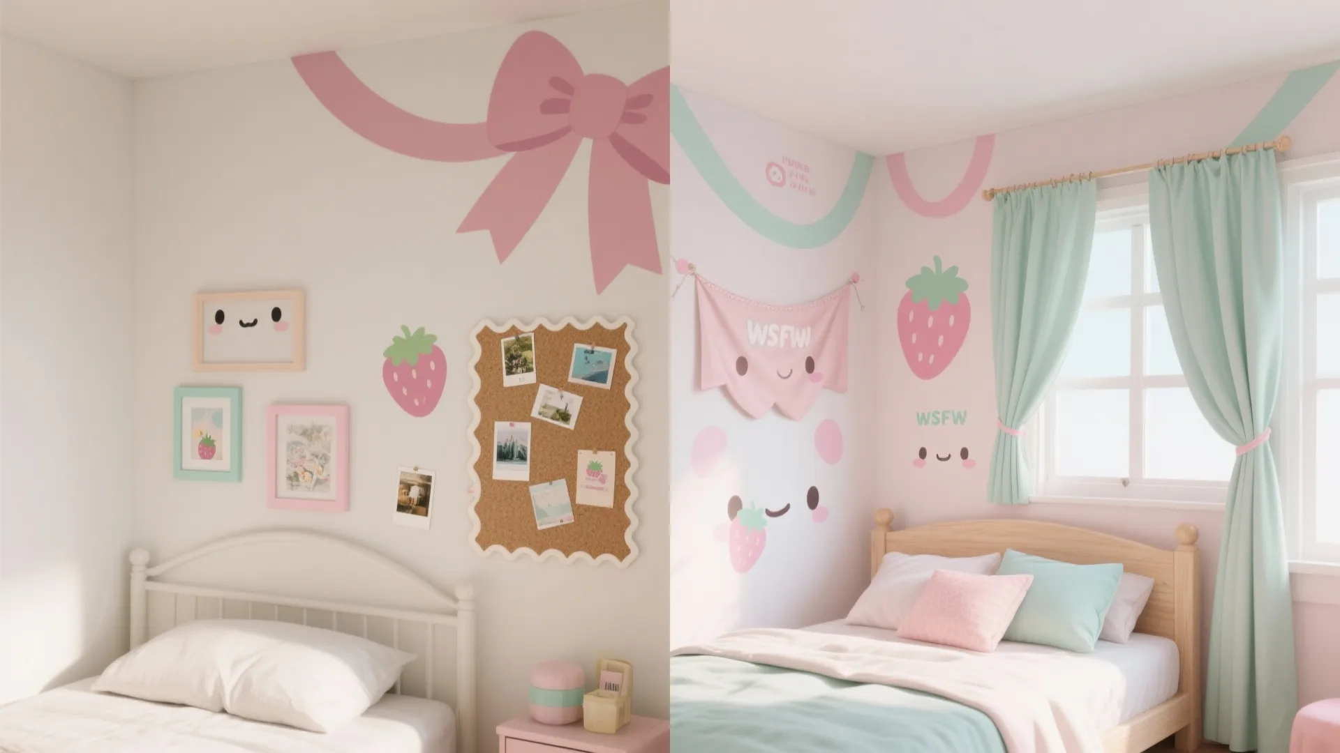 Side-by-side comparison of two cute kids bedrooms featuring pink ribbon wall art and green curtains