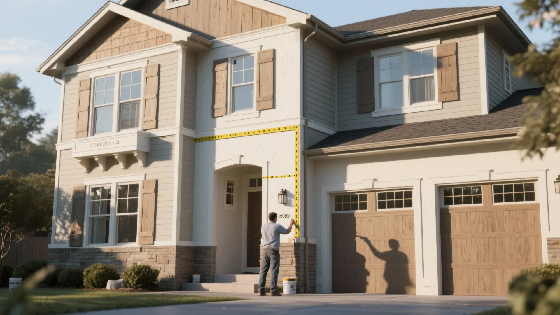 Man measuring house exterior wall with yellow measurement lines on a large two story home