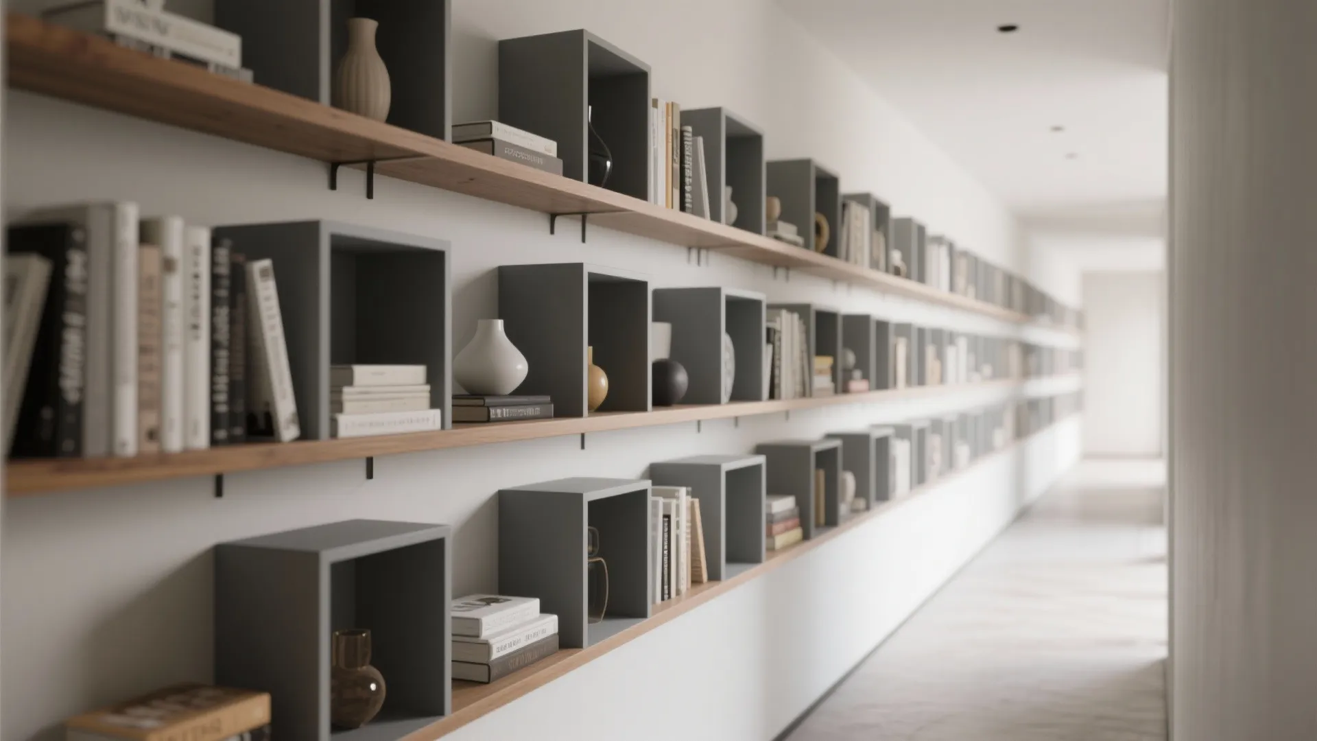 Long hallway featuring wooden wall shelves and grey storage cubes filled with many books and vases