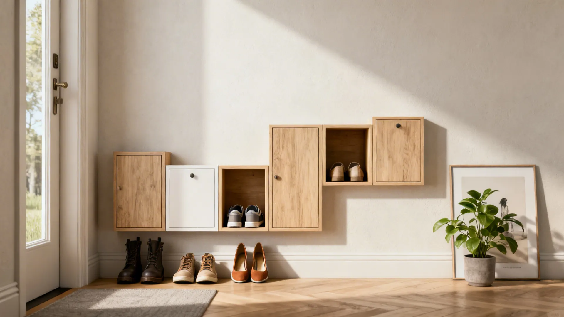 Wall-mounted open and closed cubbies for shoes creating an airy, organized entryway.