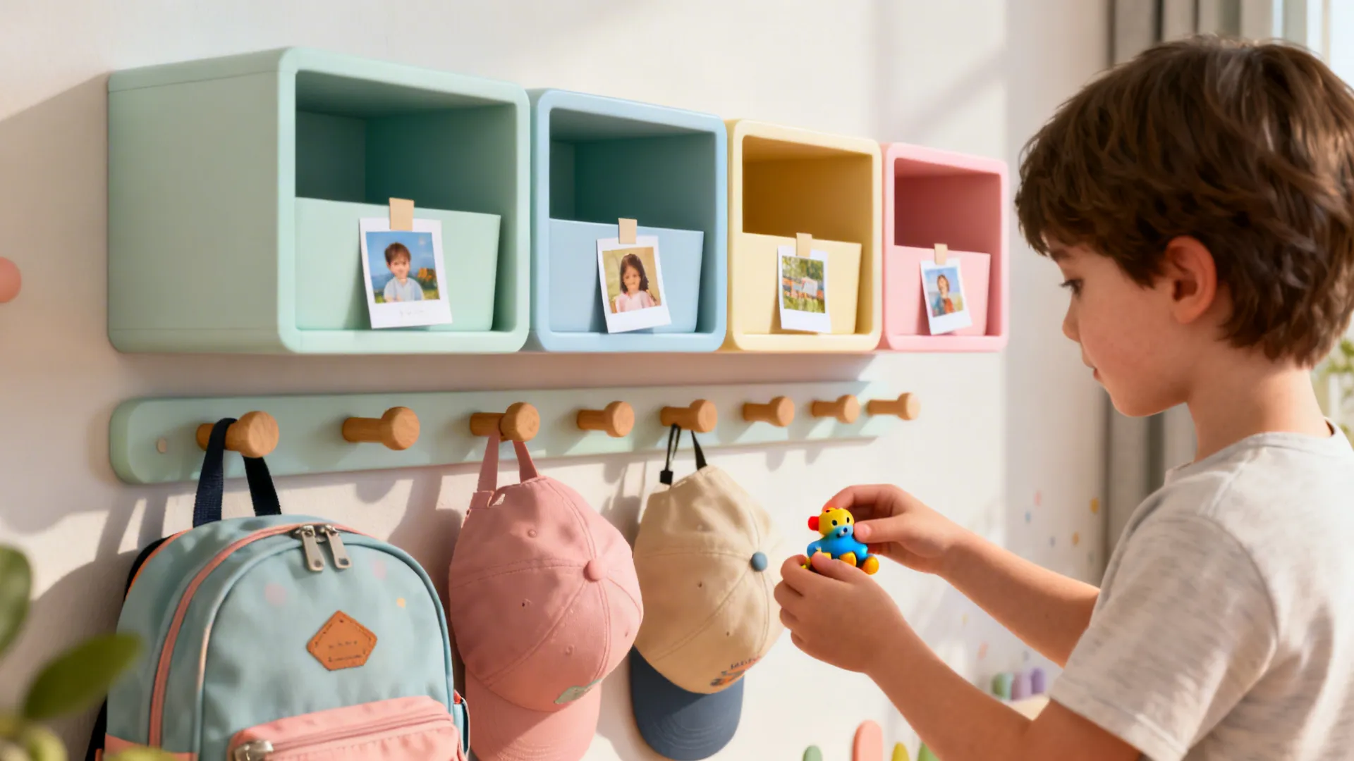 Wall-mounted floating cubbies and peg rails at child height with labeled bins and toys.