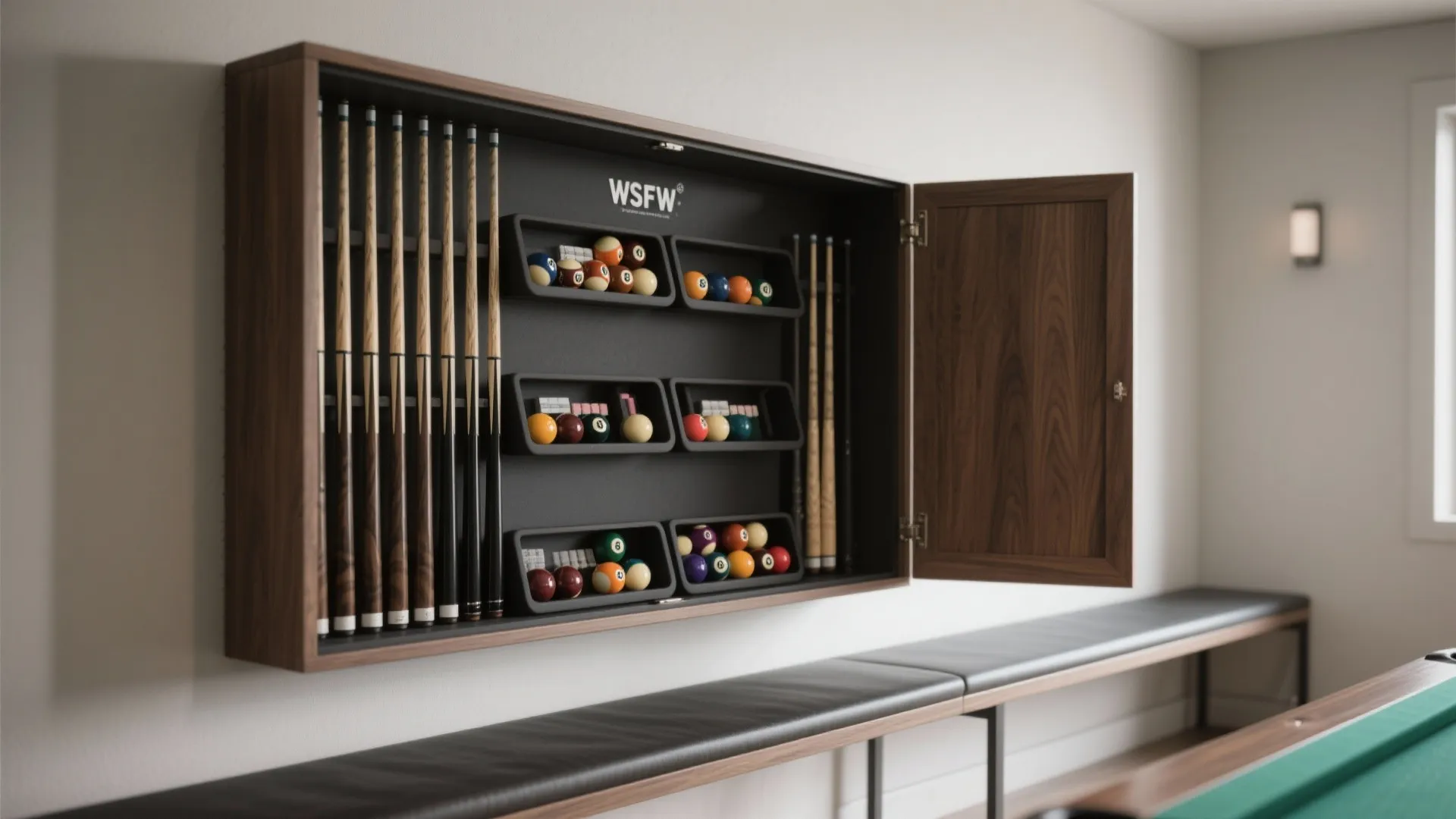 Wall-Mounted Cue Storage and Slim Benches