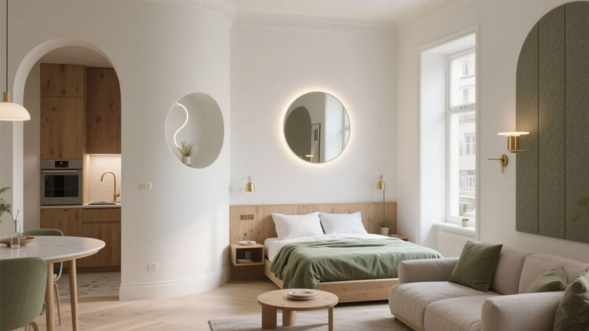 Modern studio apartment with curved white walls wooden bed green bedding sofa and bright natural light