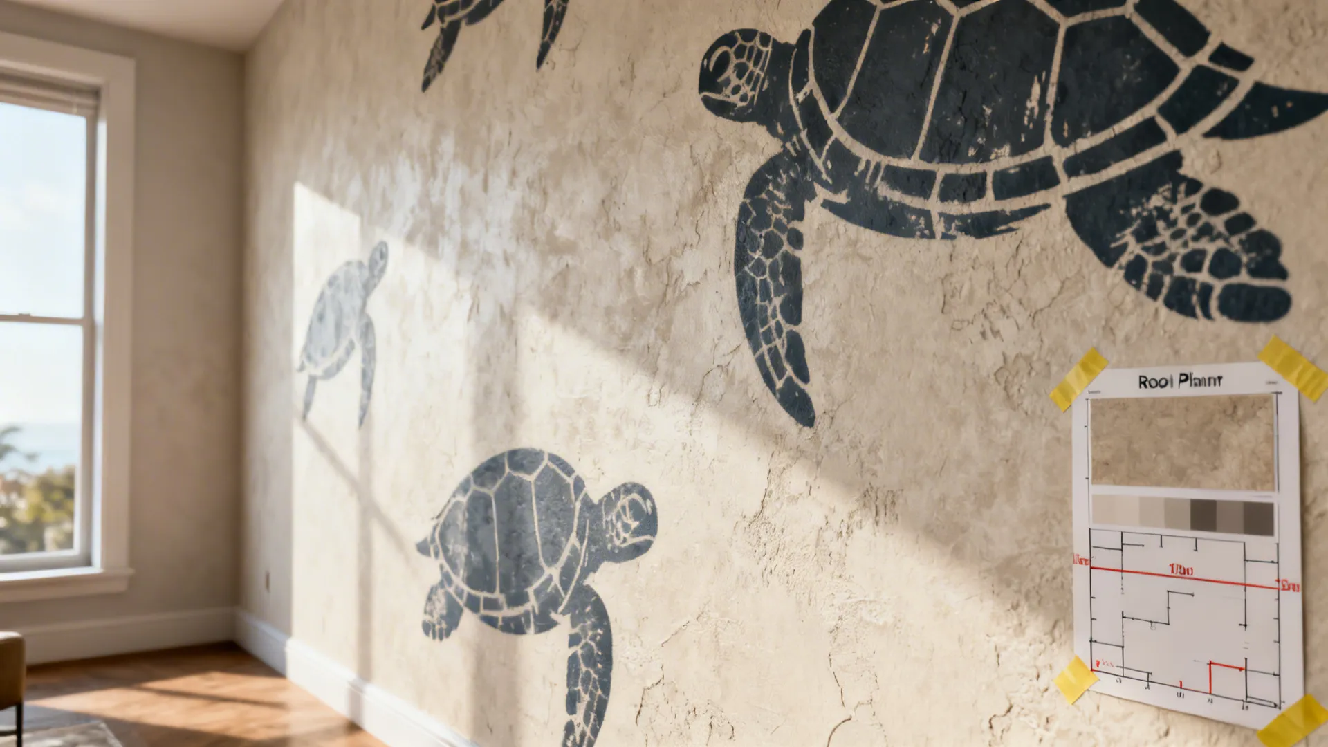 Neutral wall with large TMNT-themed peel-and-stick decals and a subtle graffiti mural, with layout markings.