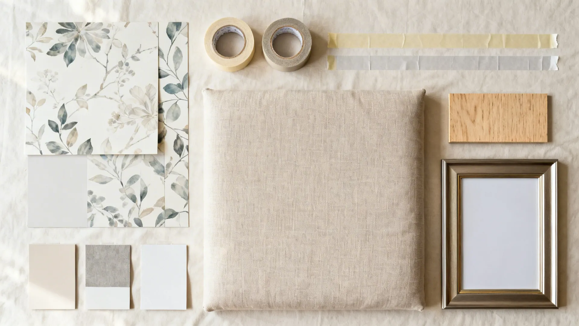 Flatlay of peel-and-stick samples, washi tape, fabric, plywood, and painter’s tape.