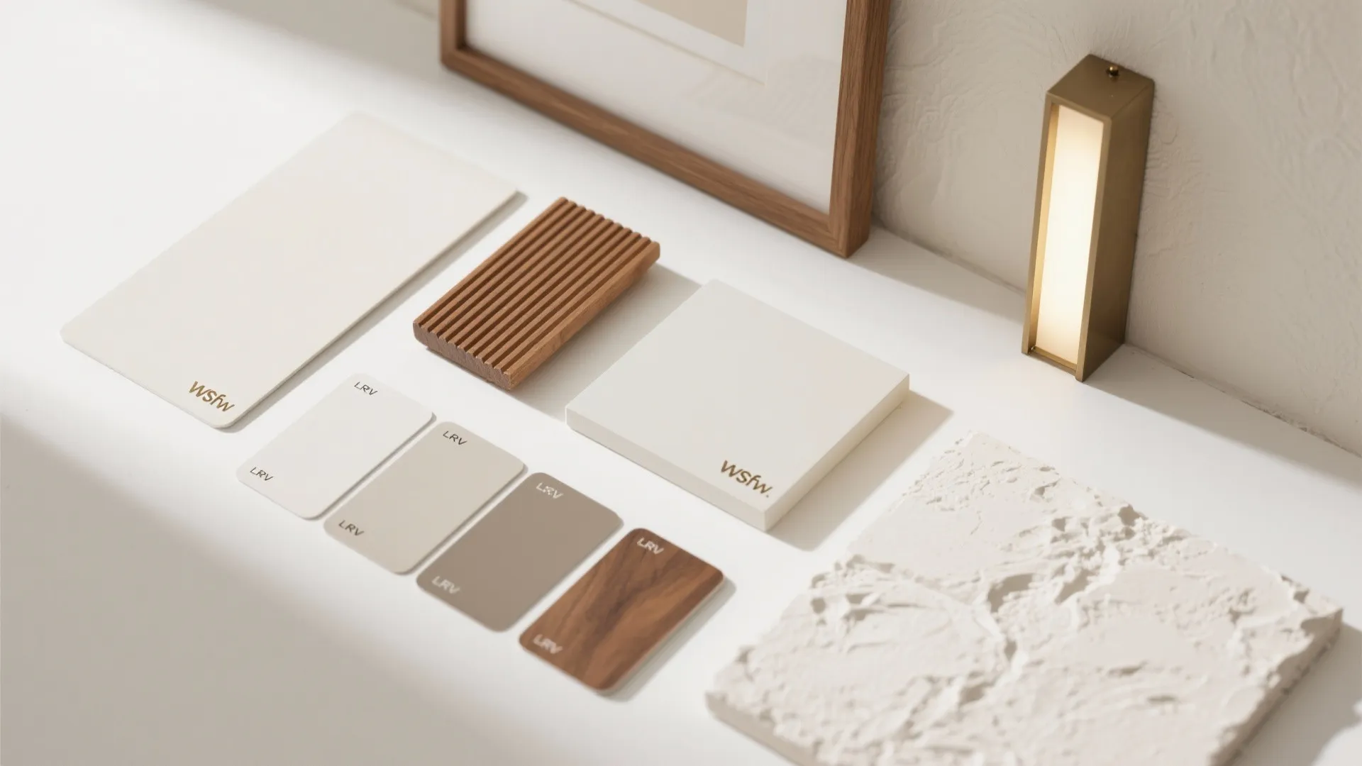 Material samples with wood pieces paint swatches a light fixture and frame on white table
