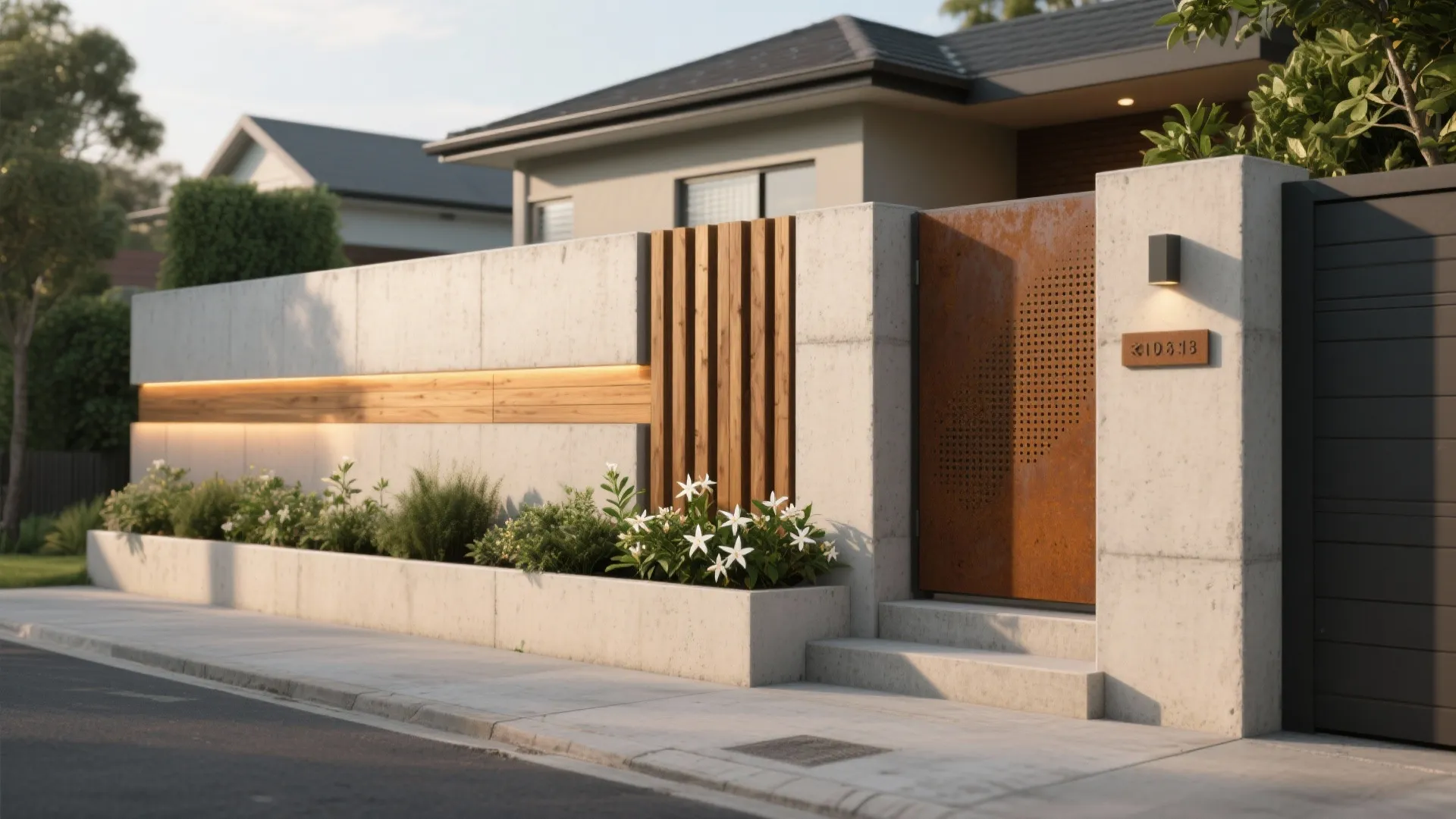 Modern concrete garden wall with wood panels and metal gate surrounded by green plants and flowers