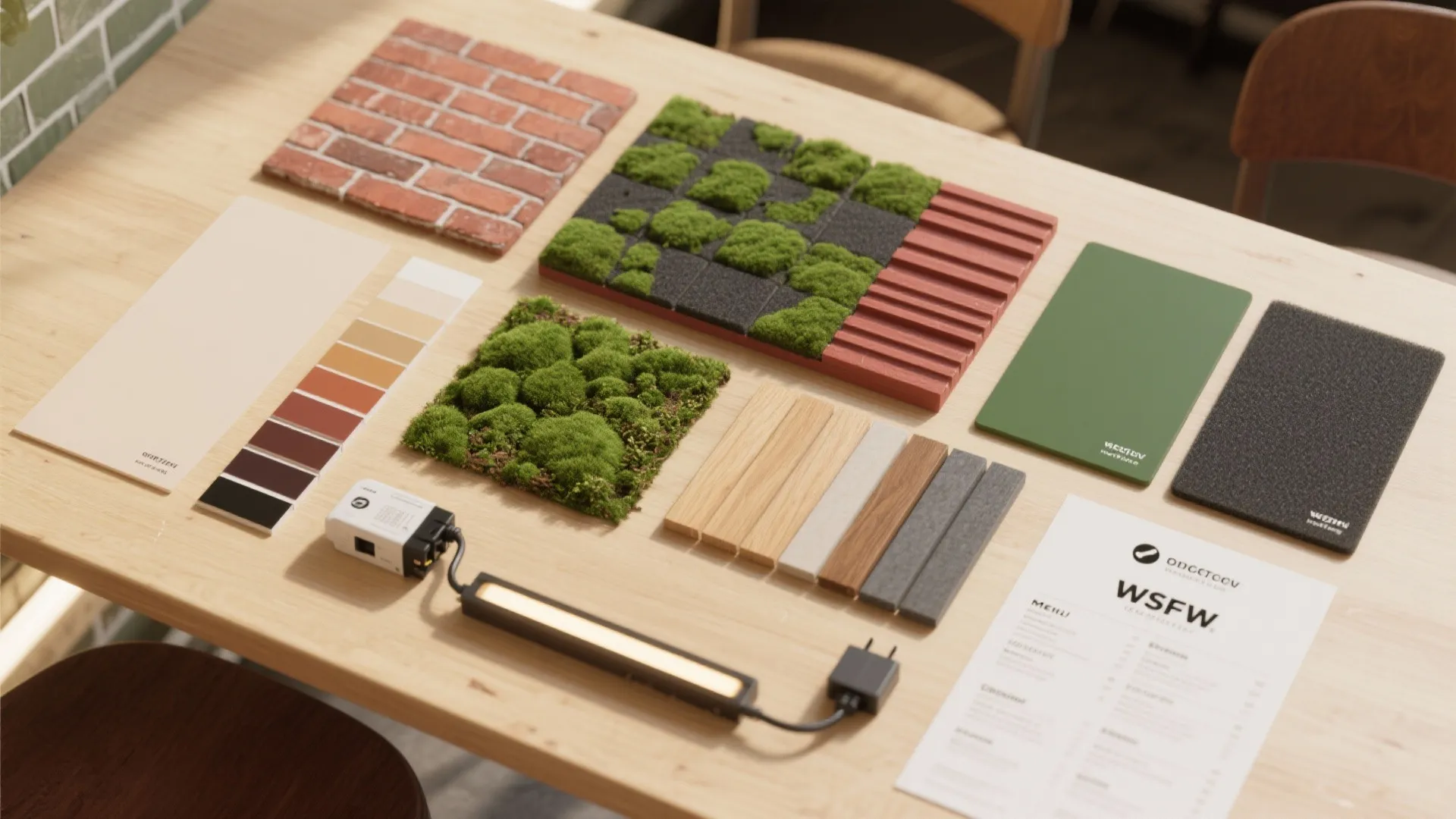 Interior design mood board on wood table with brick samples, moss panels, and color swatches