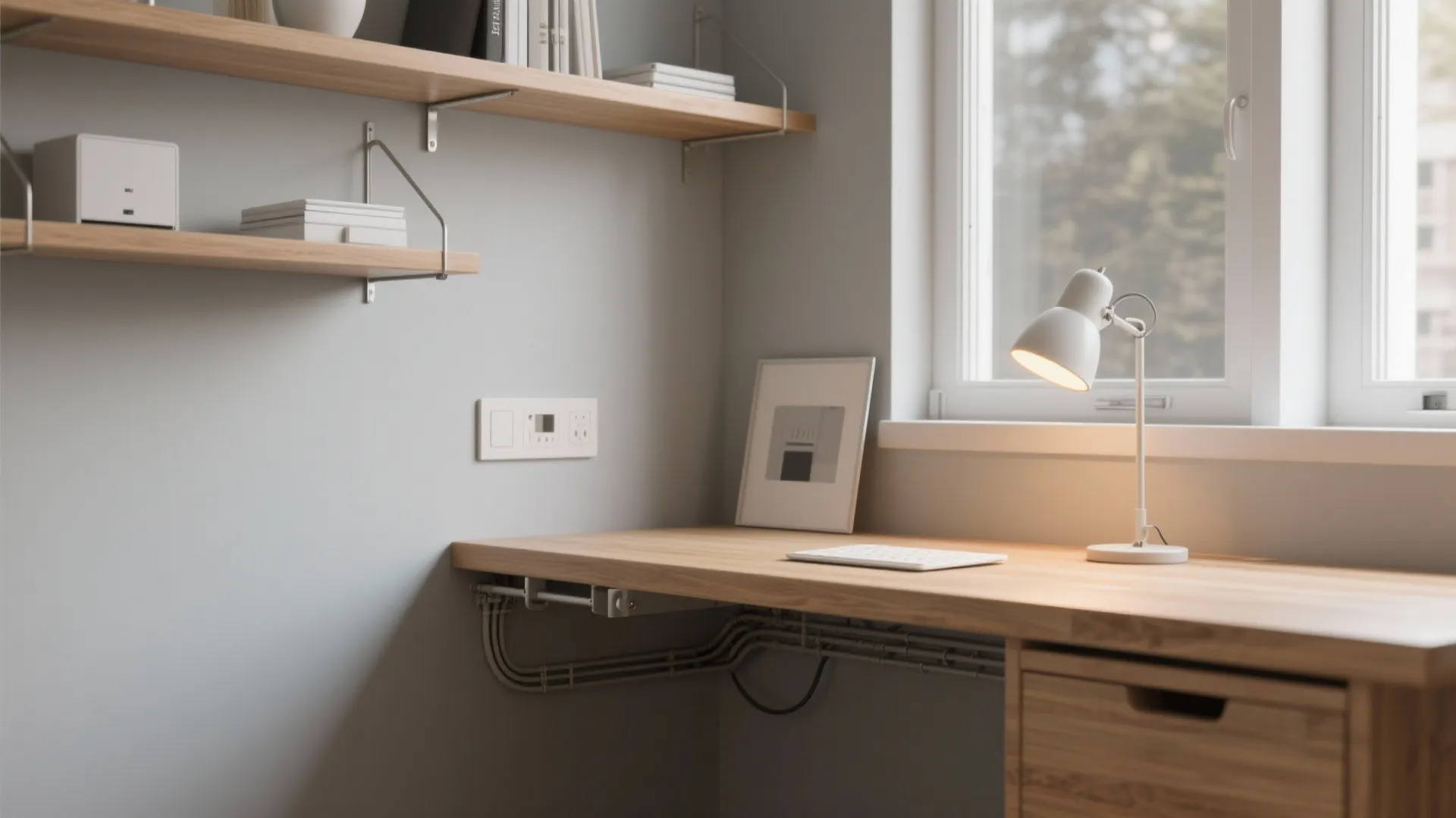 1. Wall-Mounted Desk and Floating Shelves