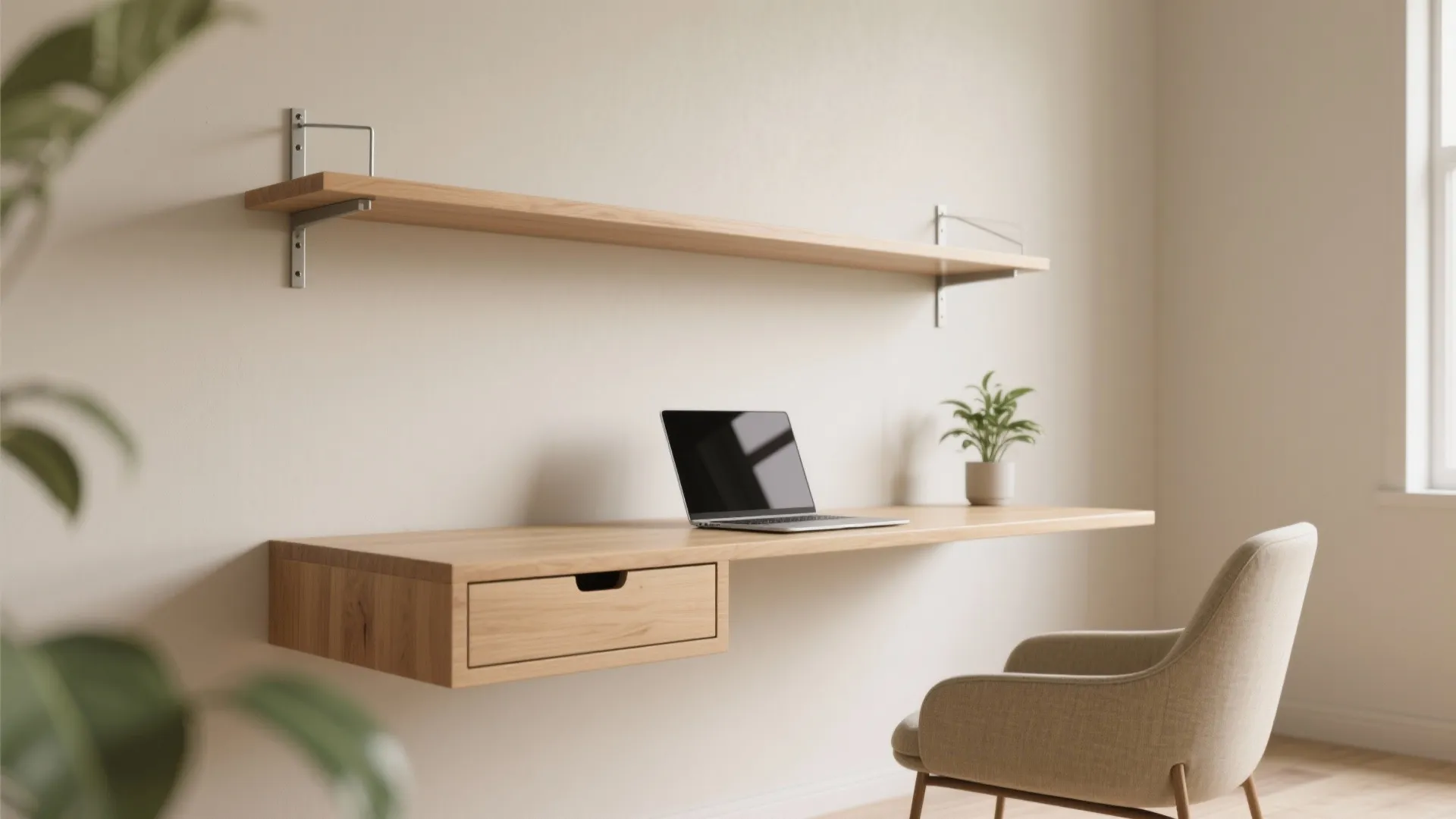 Modern wall mounted wooden desk with drawer laptop chair plant shelf and bright natural light