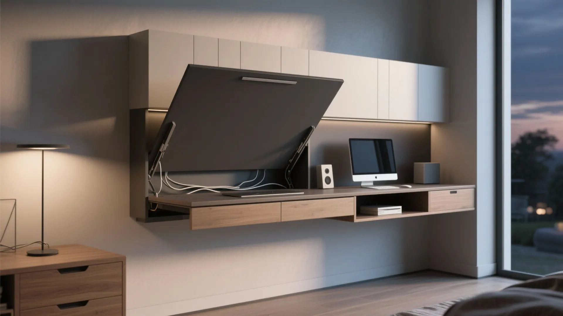 Wall mounted wooden desk featuring a foldable panel and computer setup with a floor lamp