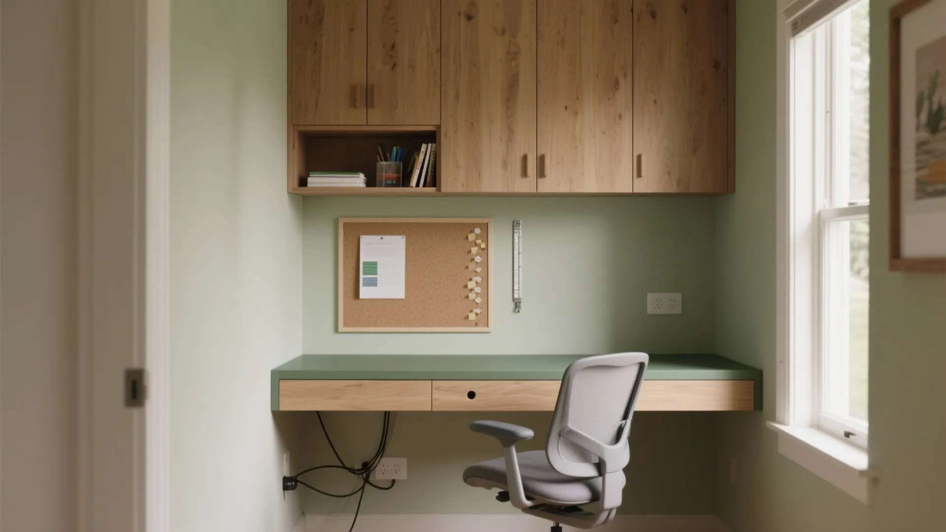 Vertical wall desk with closed–open storage