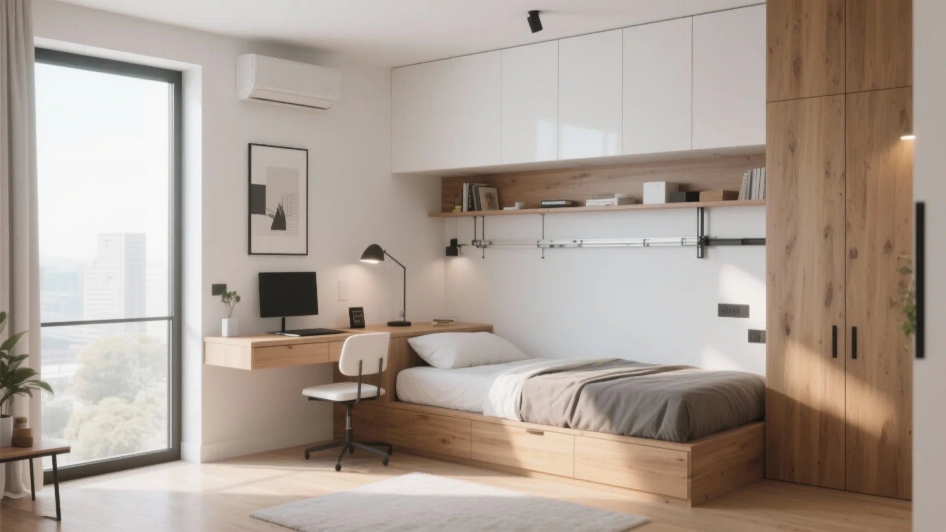 Modern studio apartment with fold-down desk and bed combo