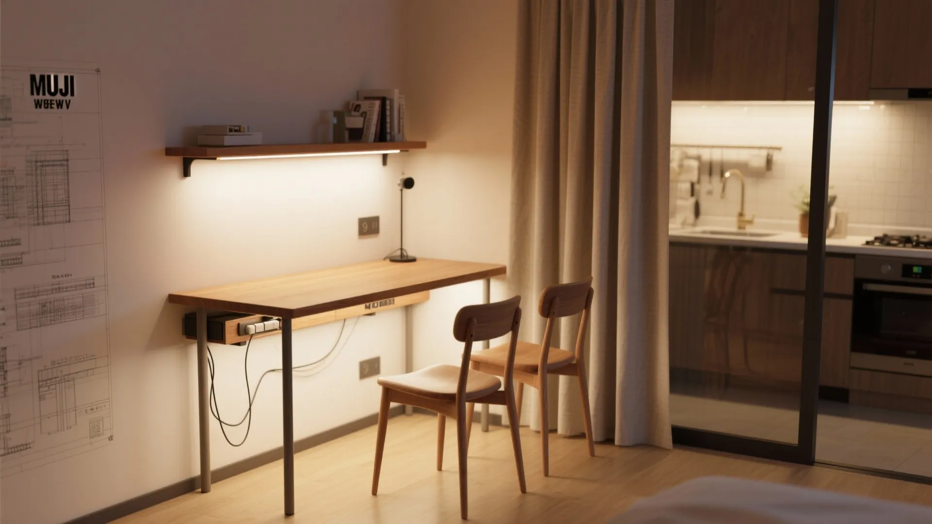 4. ダイニング兼デスクは“壁付け90cm巾”で、生活の音と匂いを分離