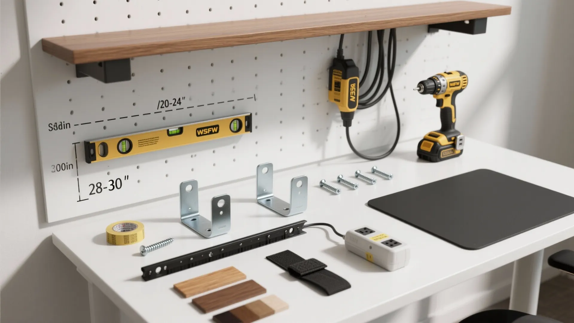 Workstation desk with power drill spirit level screws and wall mount shelf for home projects