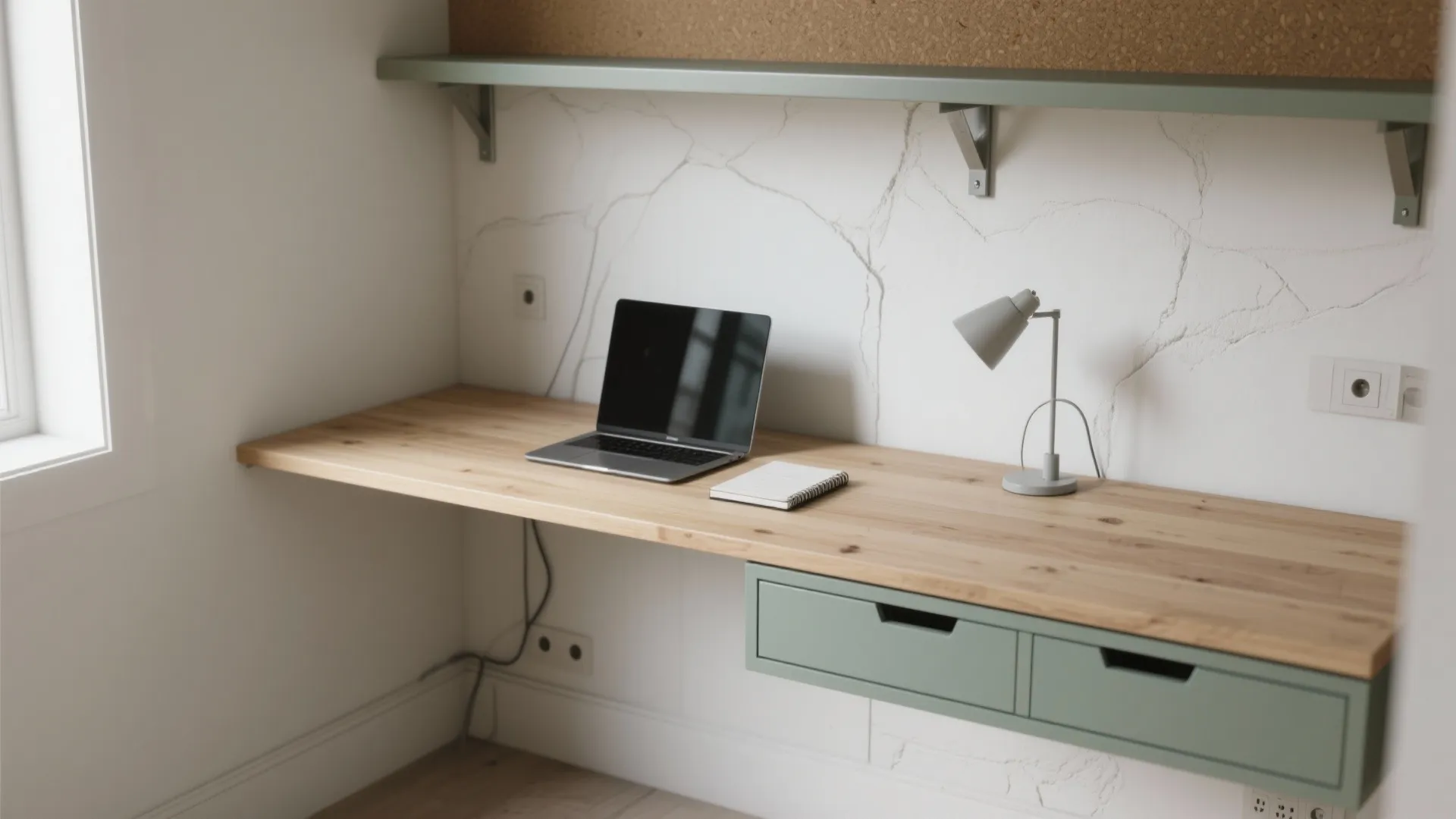 Modern wood floating desk with green drawers laptop notebook and desk lamp on white wall