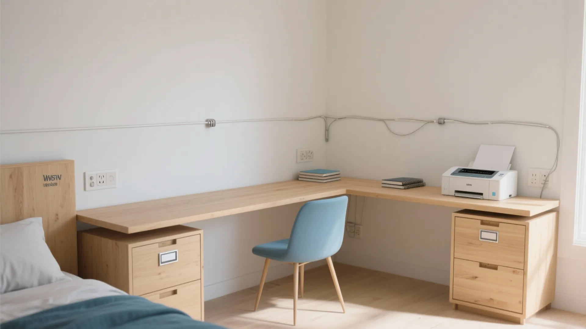 Corner wooden desk with blue chair and white printer in a modern home office space