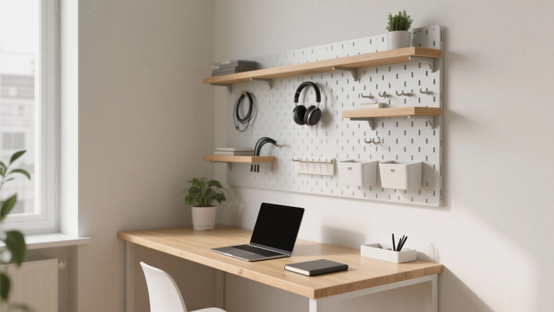 Minimalist home office with wooden desk, laptop, white chair, and a wall mounted white pegboard