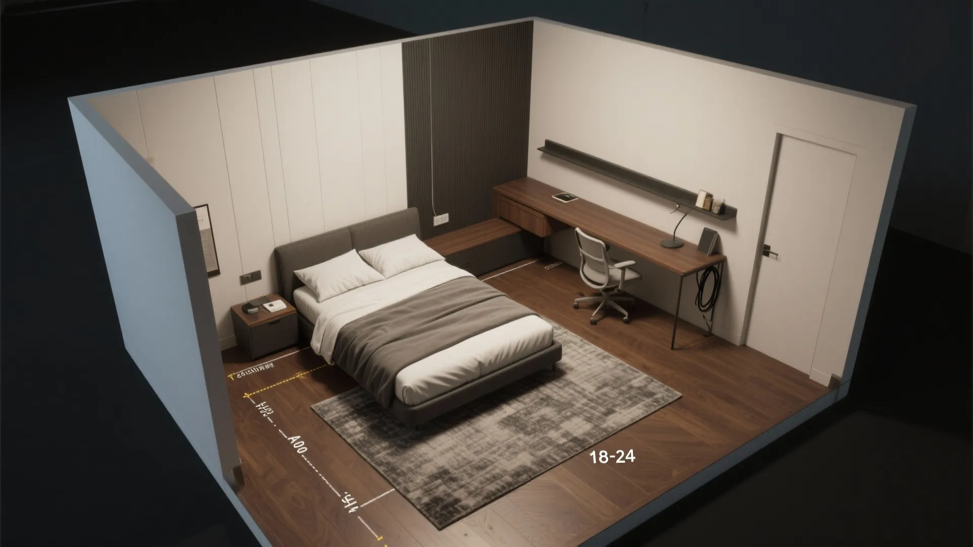 Interior design drawing showing bedroom layout with bed desk chair rug and room wall size markings