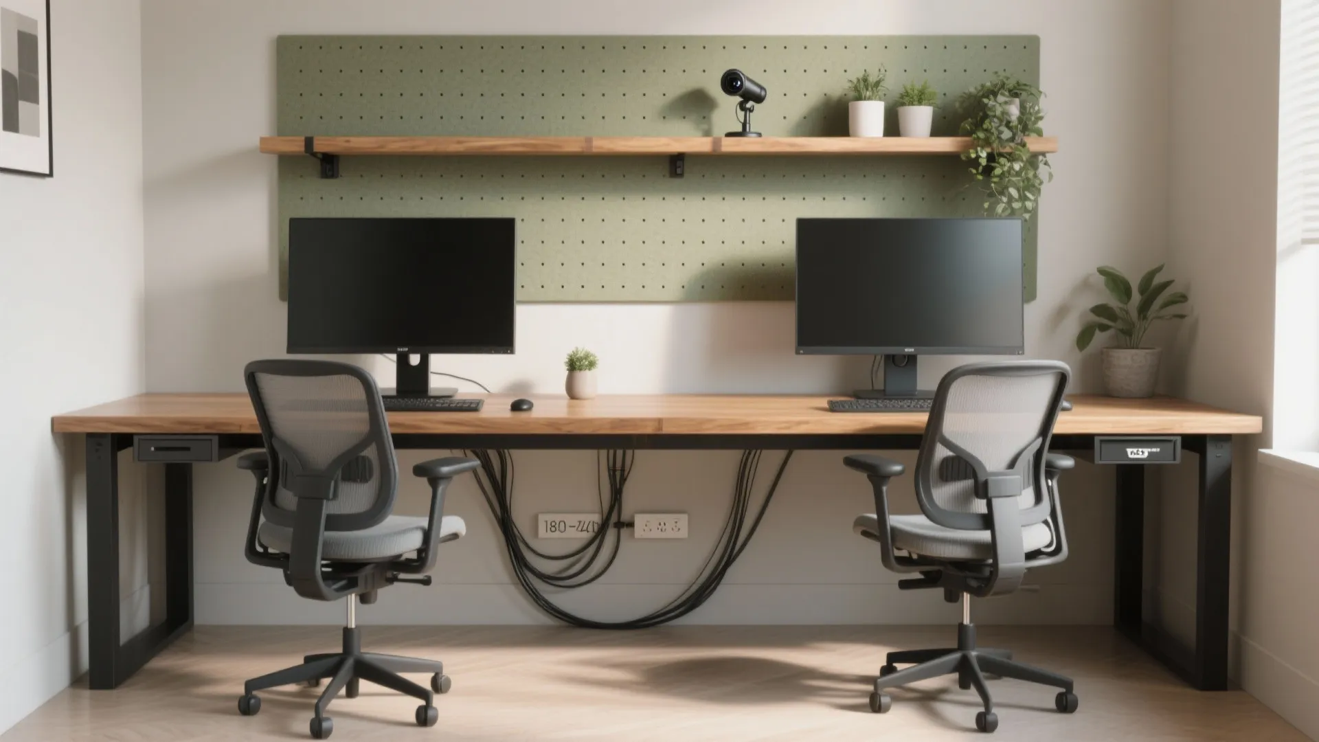 Two-person wall desk with a shared power spine