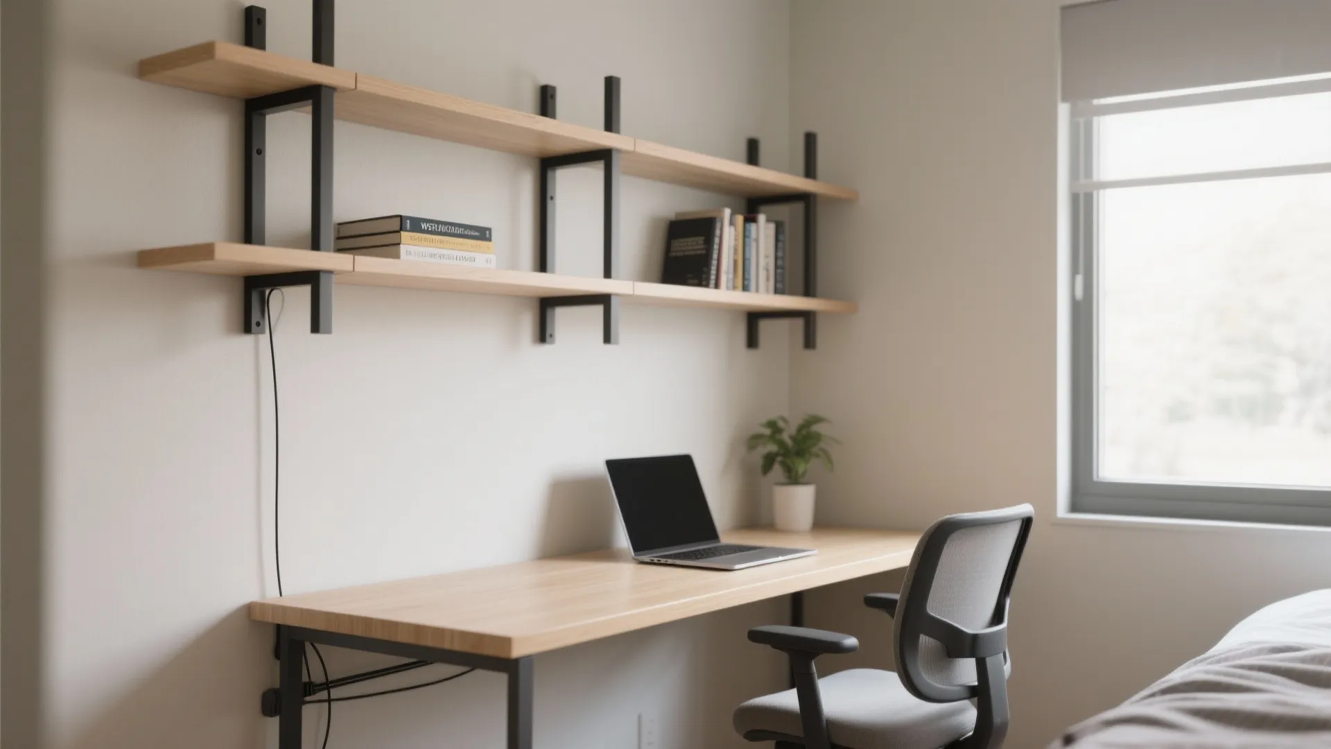 Minimal modular wall-mounted desk and shelves