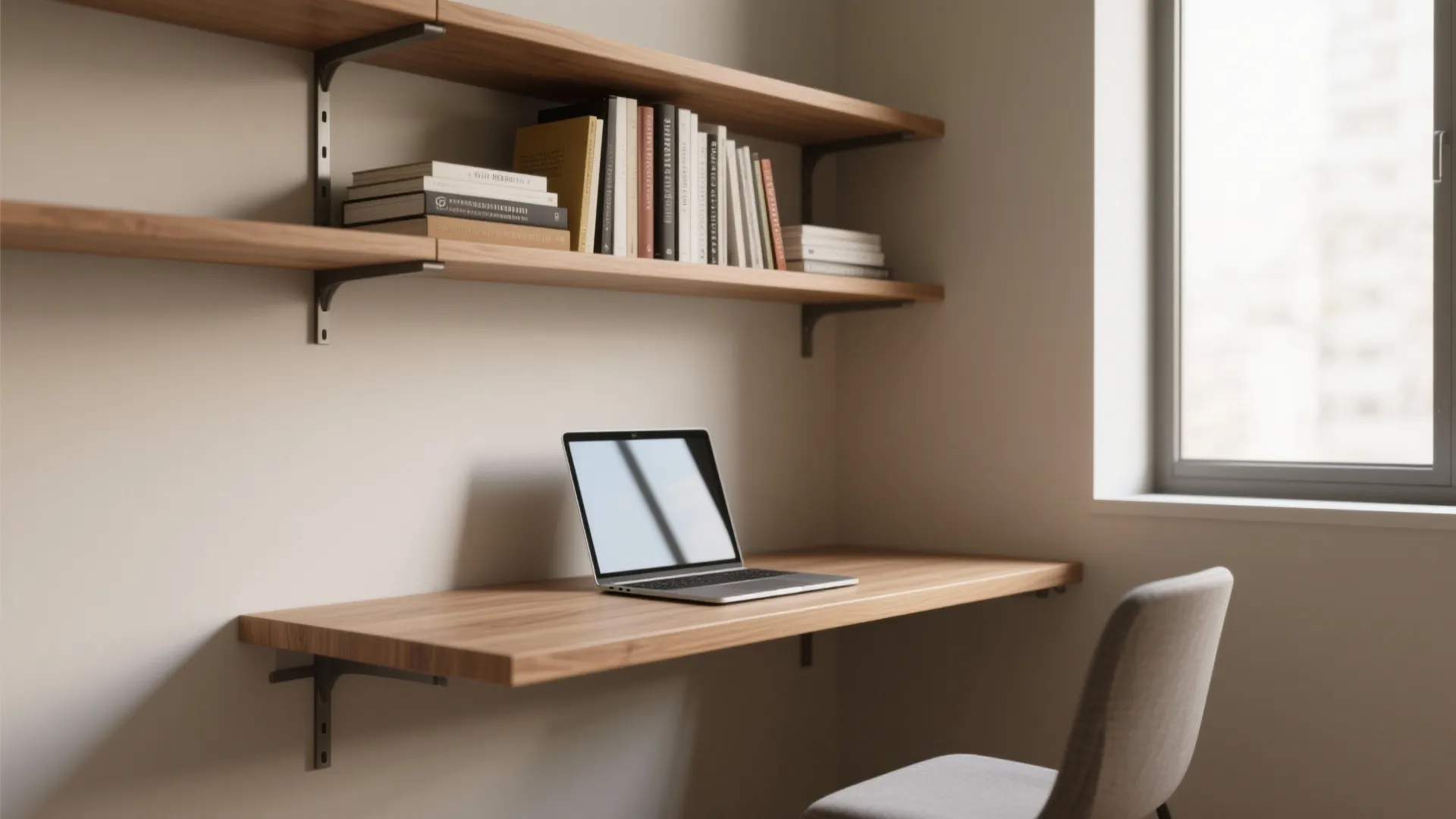 Modern wall mounted wooden desk with laptop and floating shelves filled with books in minimalist office