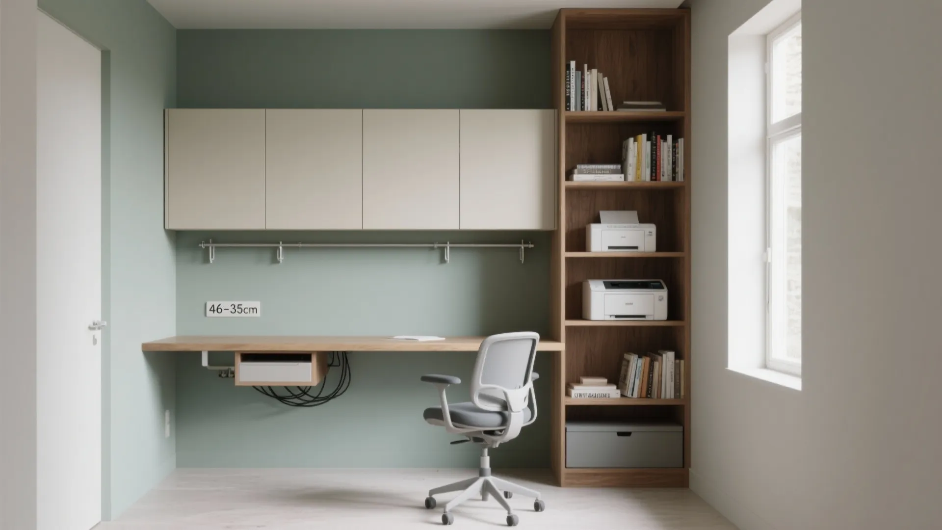 Modern home office with wooden wall desk, white chair, tall cabinet, and light green wall