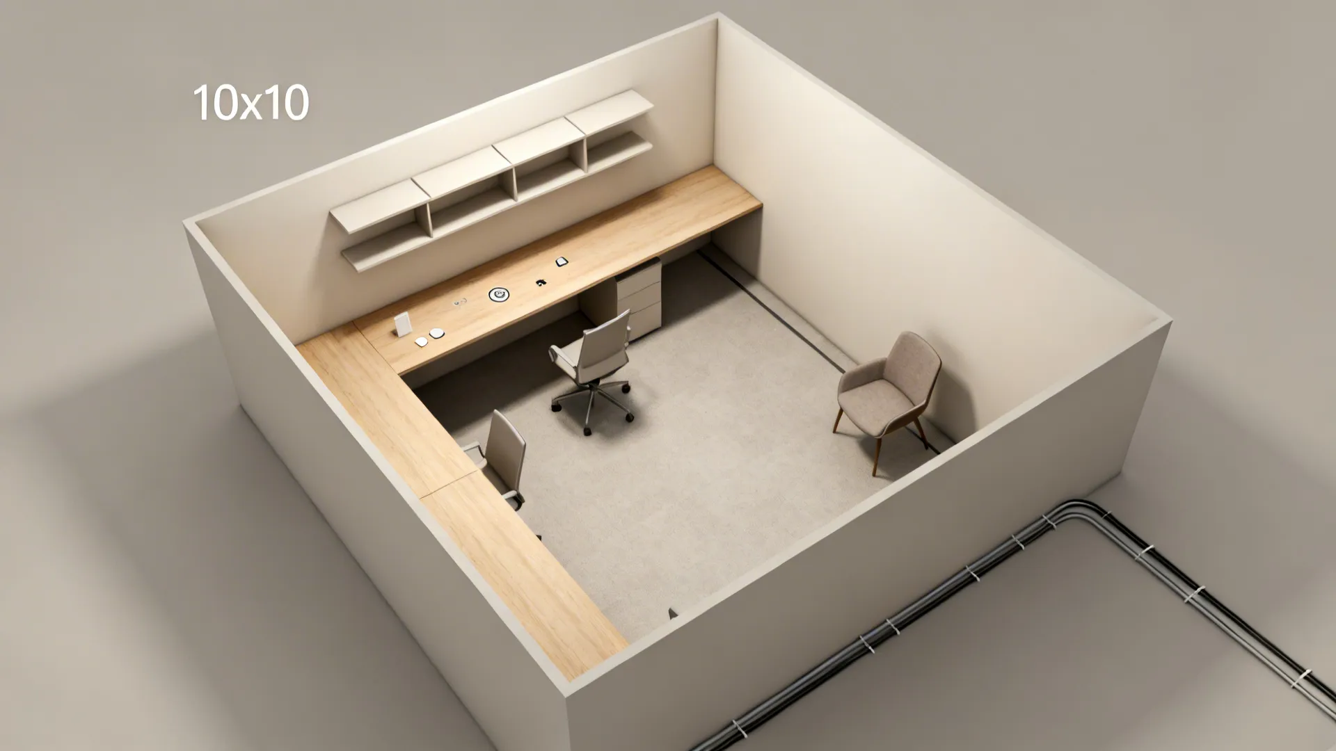 Top down interior design drawing of small office room with wooden desk chair and white walls