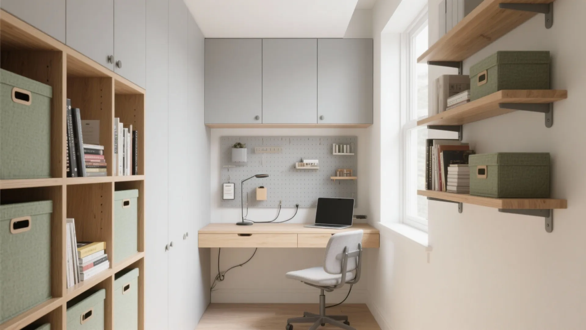 Modern home office with wooden desk grey chair pegboard wall storage cabinets and natural light