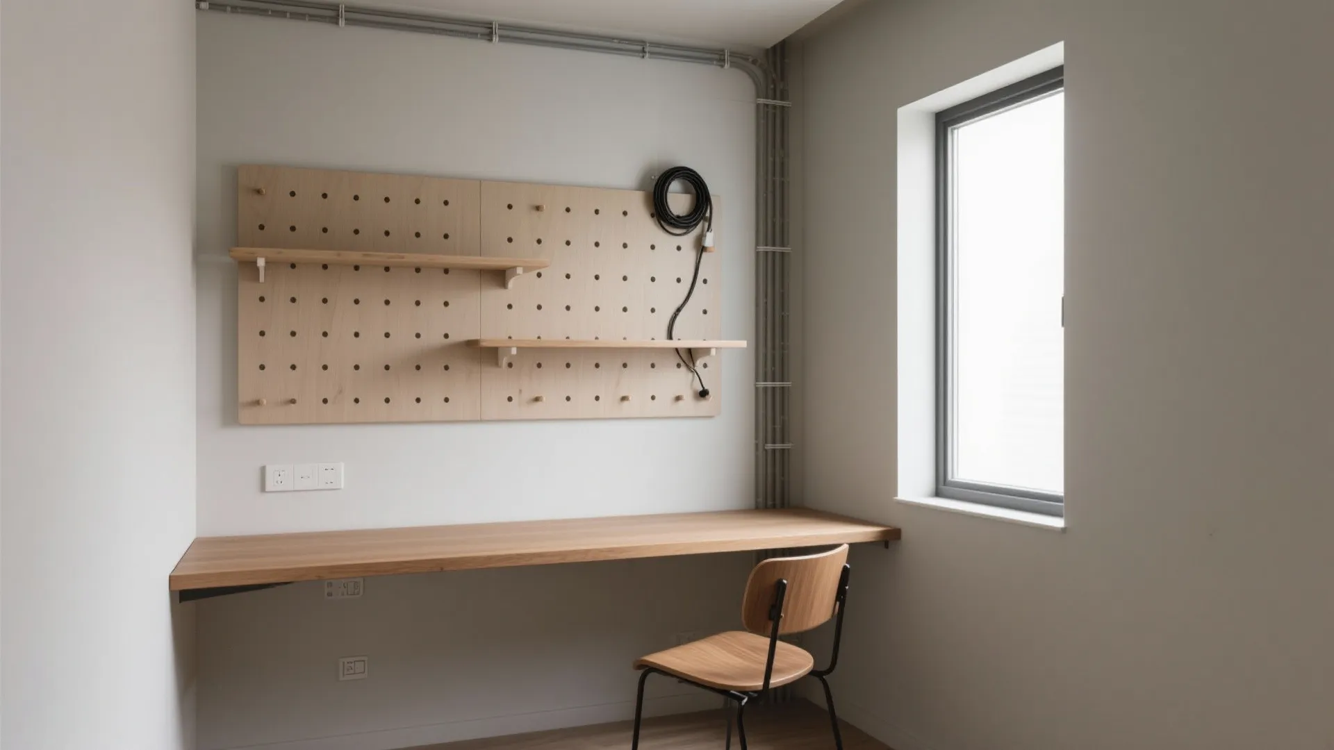 1) Minimalist Wall-Mounted Desk + Vertical Storage