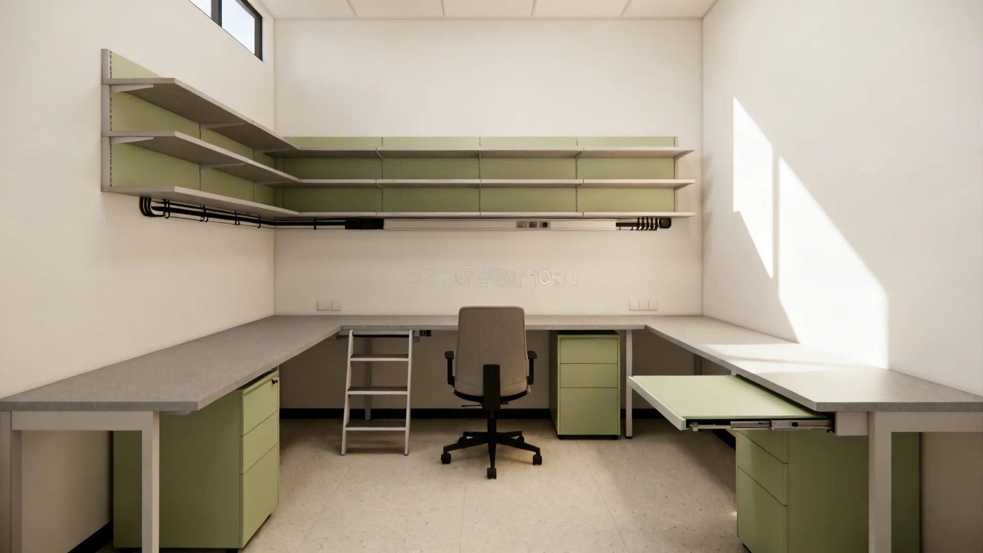 10x10 office with a floating wall-mounted desk and slim vertical shelves, open floor center.