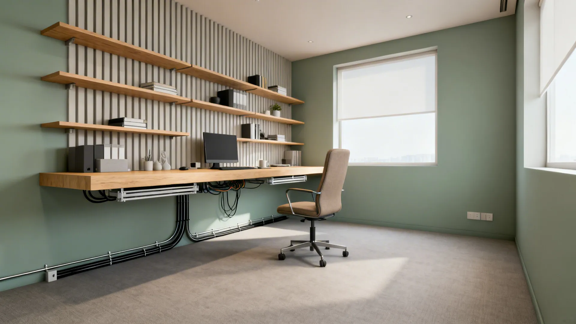 Modern home office with green walls wooden desk floating shelves brown chair and large bright window