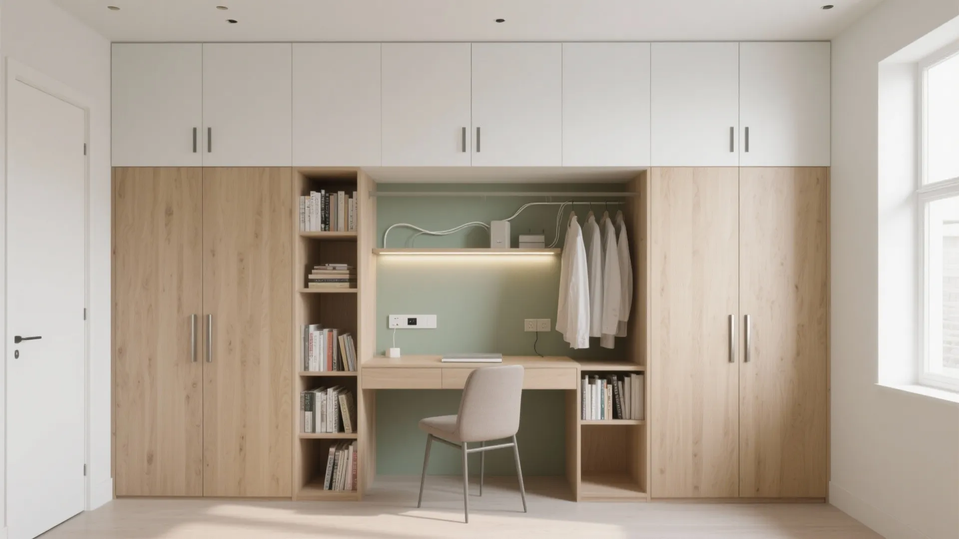 1) The Wardrobe Wall With a Built-in Desk