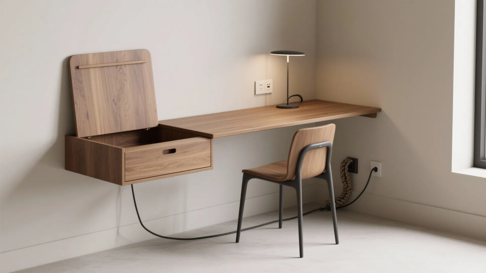 Minimal wall-mounted desk with hidden storage