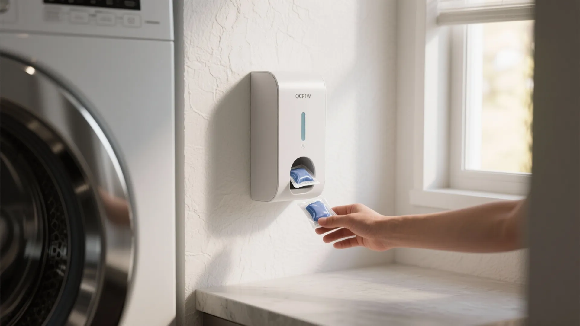 Slim wall-mounted laundry pod dispenser in a compact laundry nook dispensing a pod into a hand.
